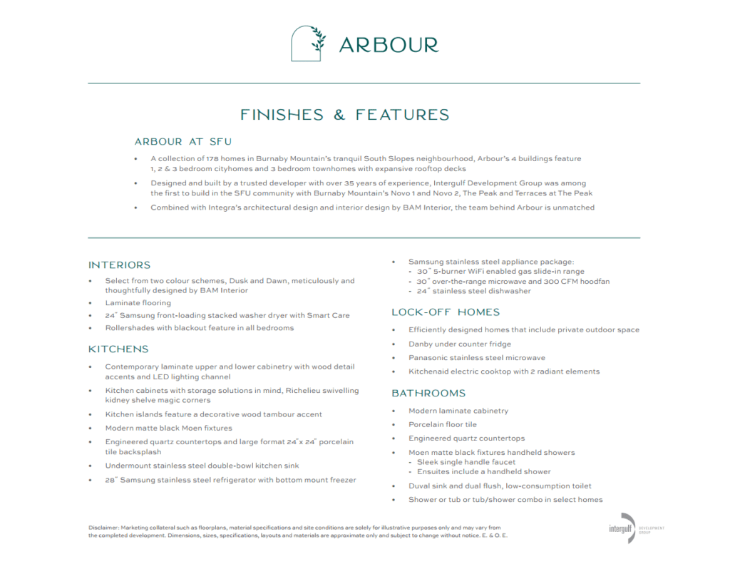ARBOUR FEATURE SHEET