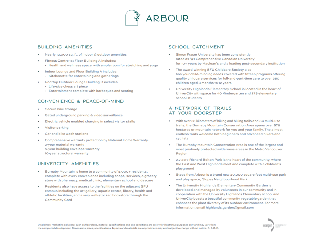 ARBOUR FEATURE SHEET 2